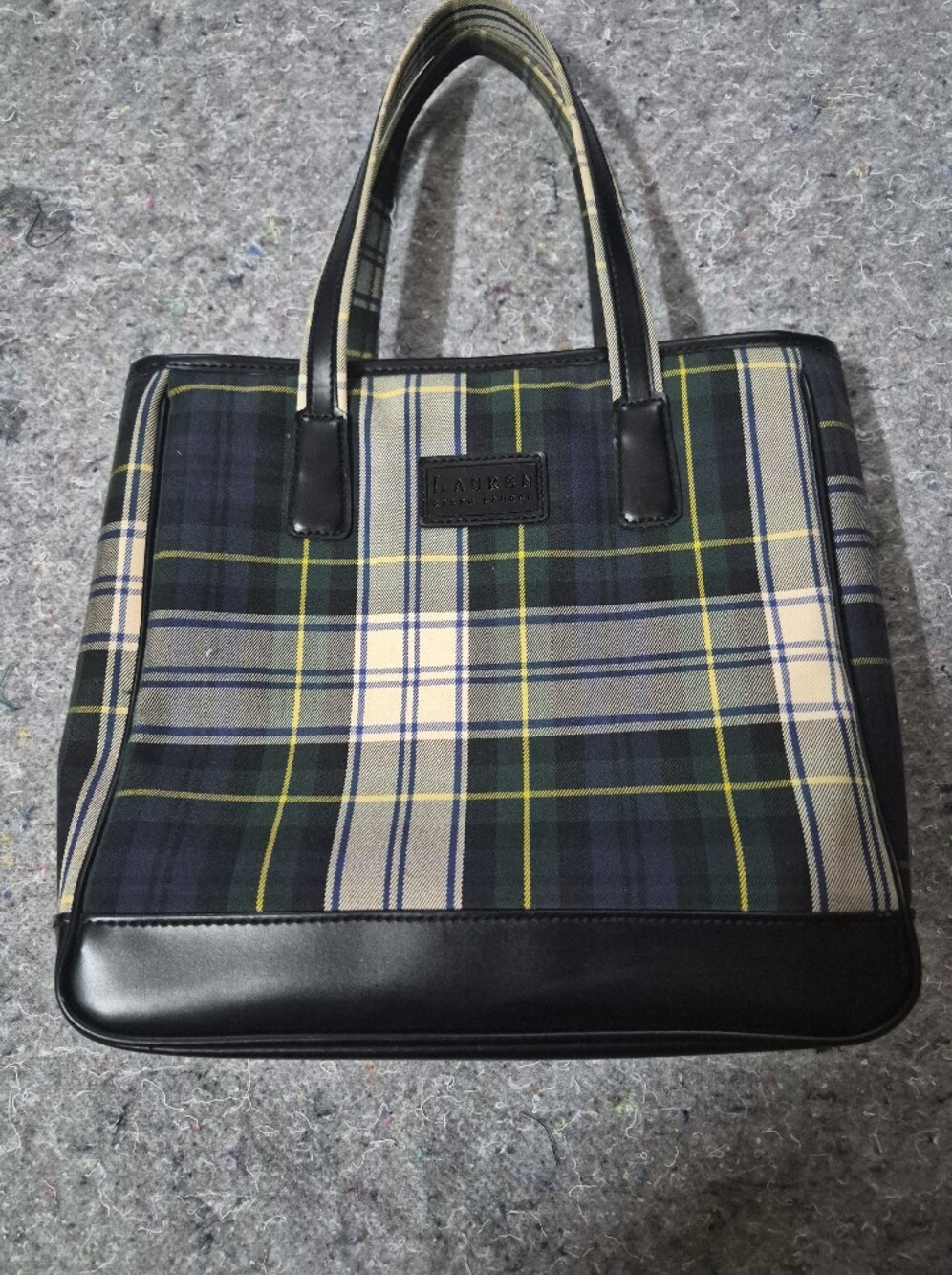 Lauren Ralph Lauren Navy Green Plaid Messenger with Black Leather Trim